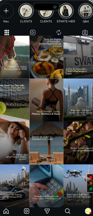The Dubai-auswandern Instagram feed in 2026, a fully art-directed dark grid